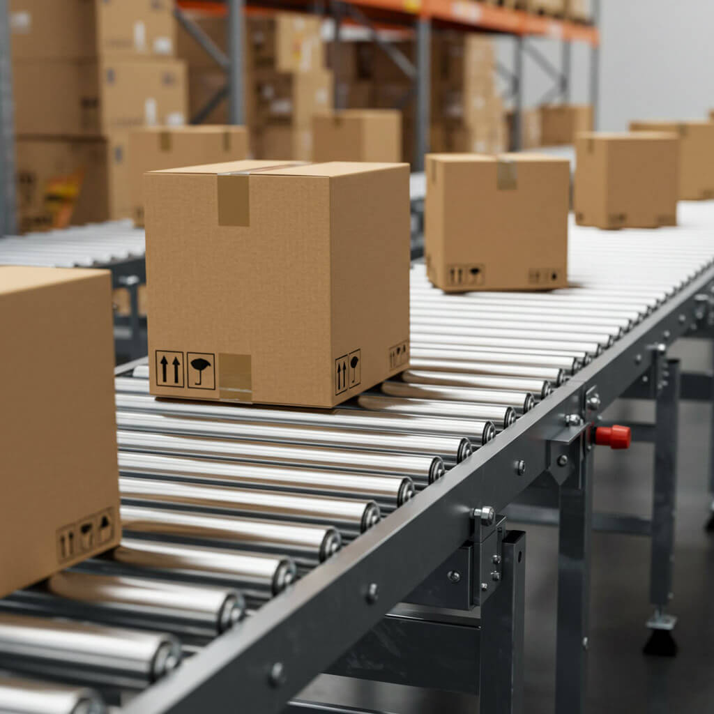 Boxes on a gravity roller conveyor